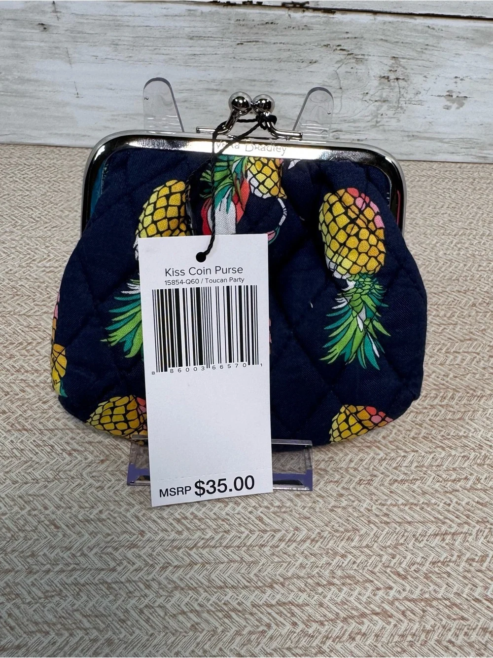 Vera Bradley Quilted Kiss Coin Purse Toucan Party Pineapple Navy NWT